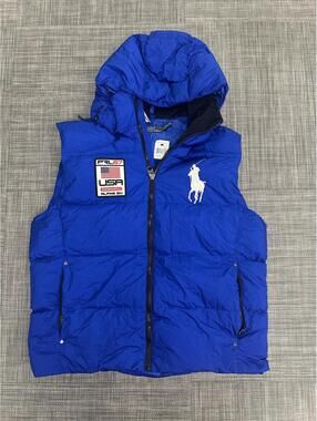 Polo Ralph Lauren USA Alpine Ski Downhill Puffer Vest Blue Hooded Mens XL